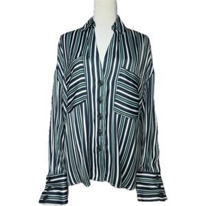 Free People Mad About You Striped Button Down Blouse Green Navy Women’s XS